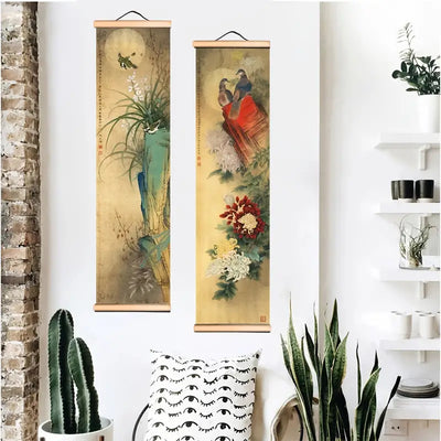 4pcs Asian Style Wooden Shaft Canvas Wall Art Set