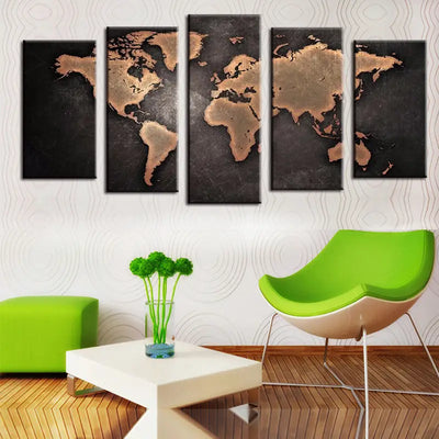 5pcs HD Printed World Map Canvas Wall Art Set