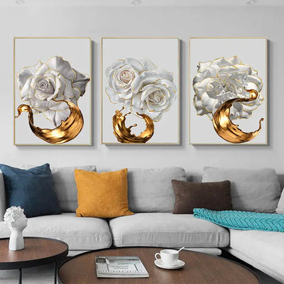 3pcs White Rose Canvas Wall Art with Golden Splash
